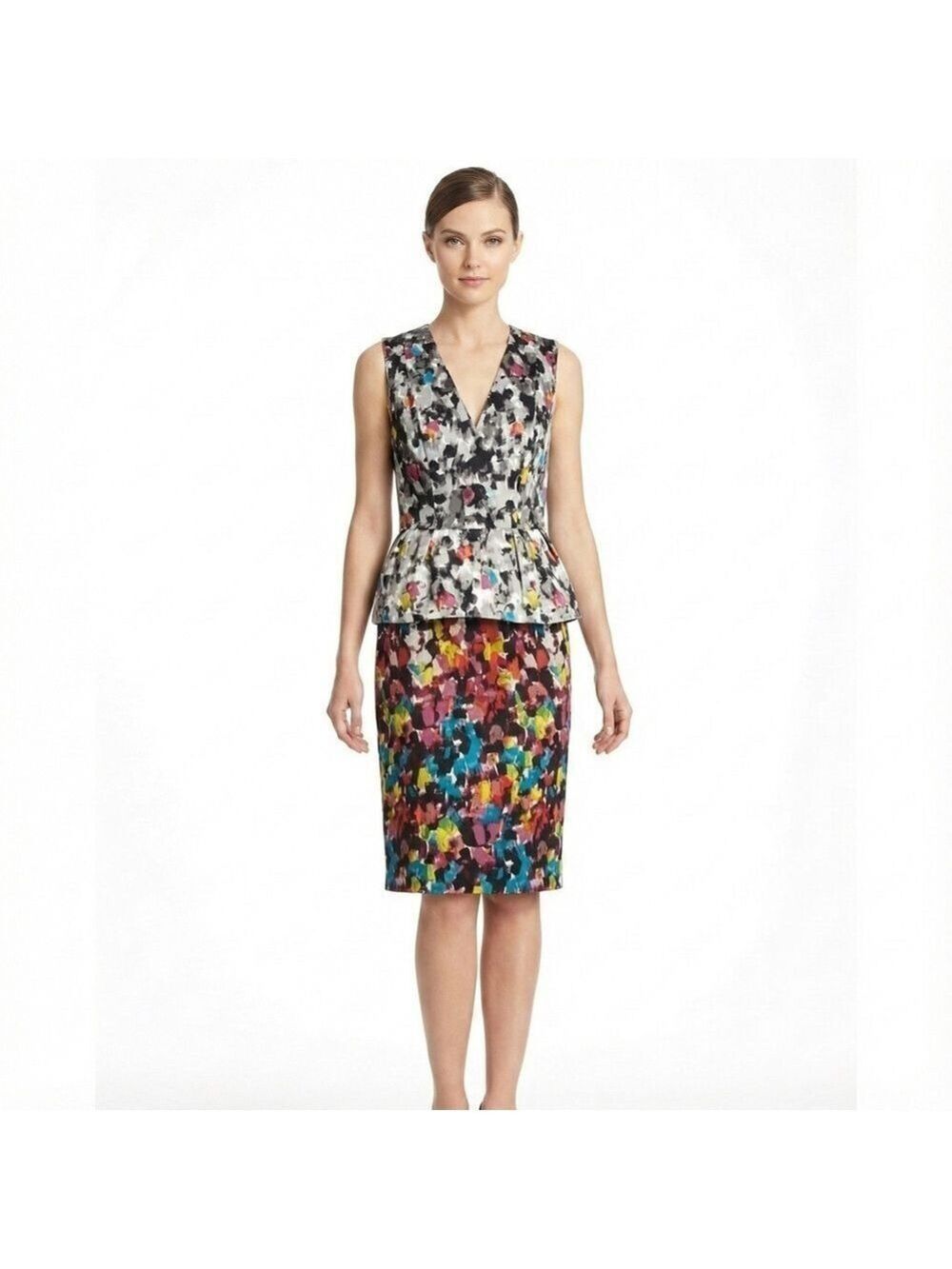 BCBGMAXAZRIA 100% Silk ‘Amalia’ Sleeveless Watercolour Print Peplum Dress Sz 0